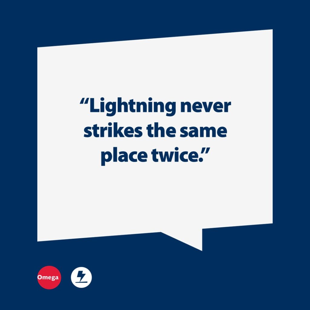 A speech bubble containing the words 'Lightning never strikes the same place twice'
