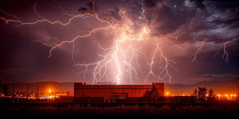 Lightning strikes behind a warehouse building