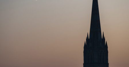 Salisbury Cathedral with the moon at night, Wiltshire, England, United Kingdom, Europe